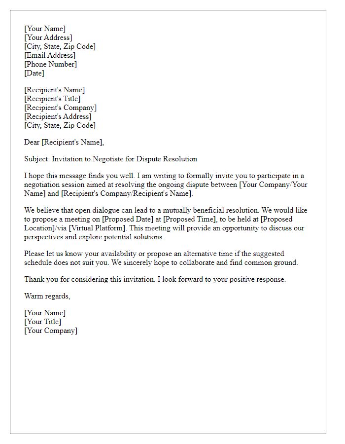 Letter template of negotiation invitation for dispute resolution.