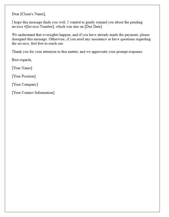 Letter template of gentle nudge for pending invoice payment.