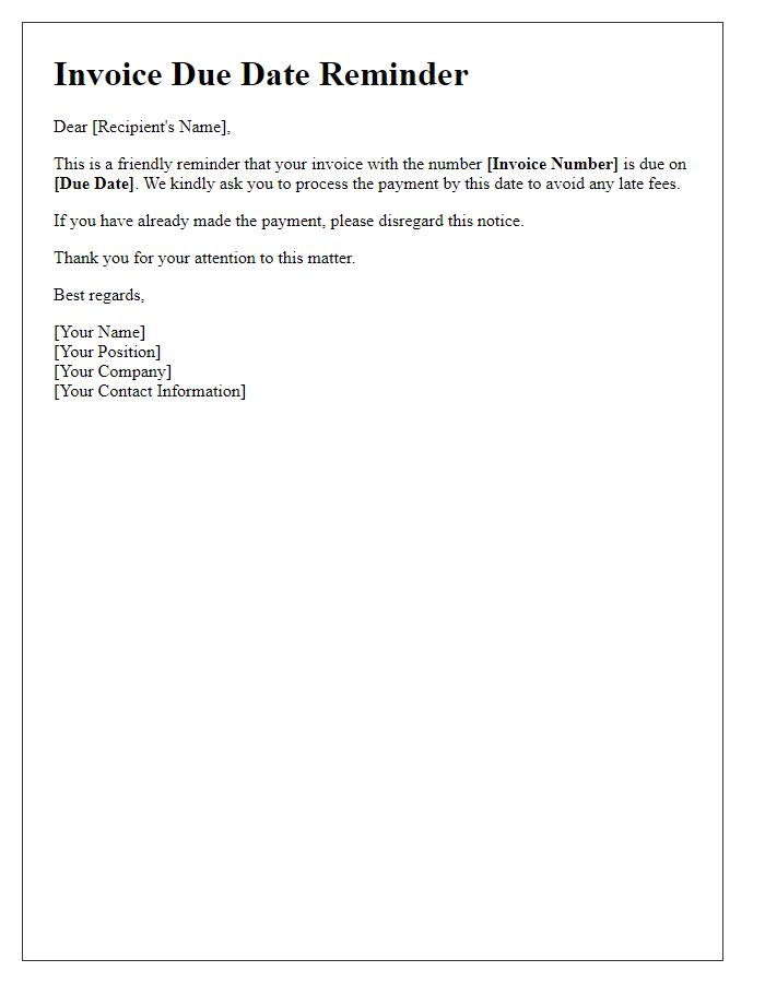 Letter template of reminder for invoice due date.