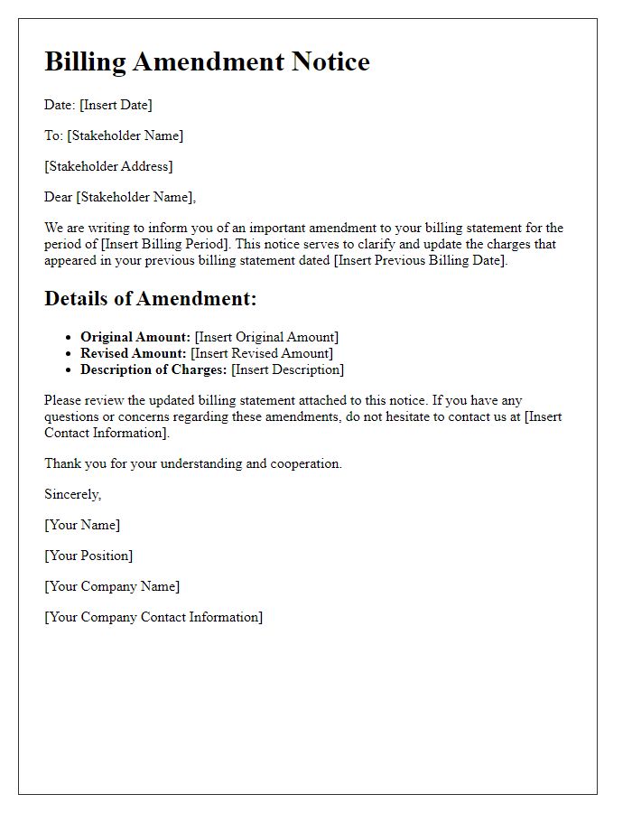 Letter template of billing amendment notice to stakeholders.