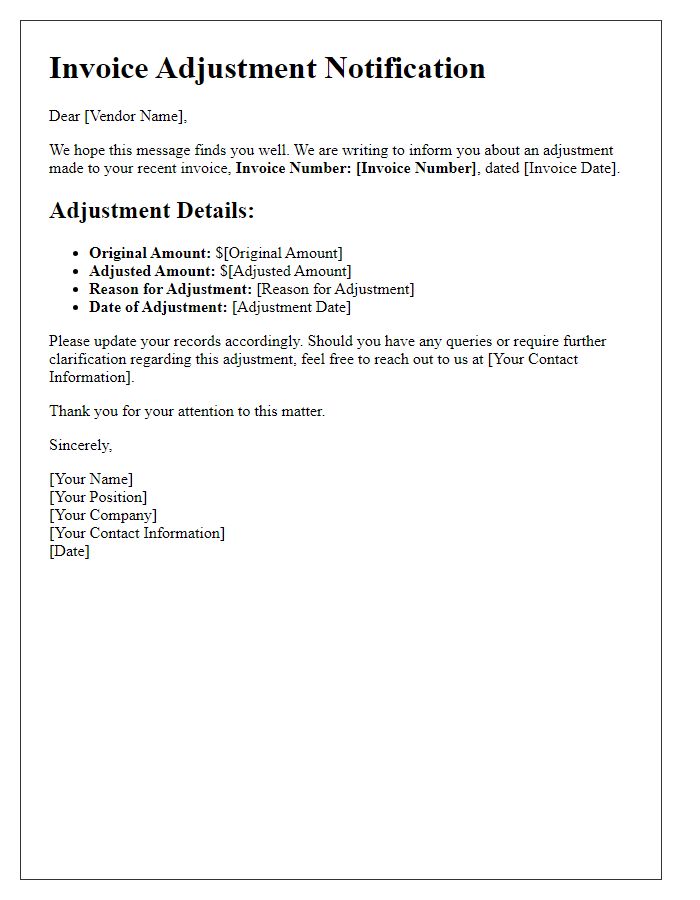 Letter template of invoice adjustment information for vendors.