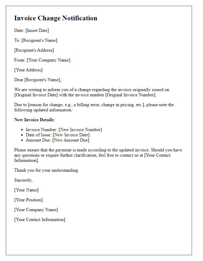 Letter template of invoice change notification for accounts payable.