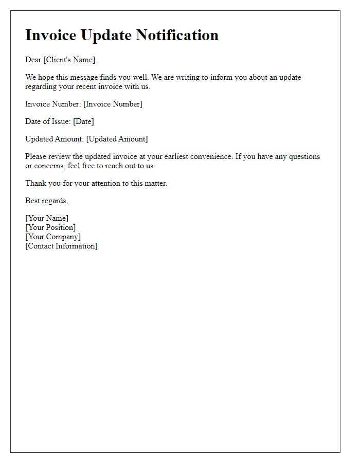 Letter template of invoice update notification for clients.