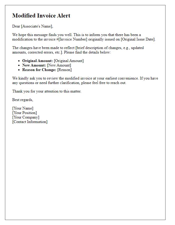 Letter template of modified invoice alert for associates.