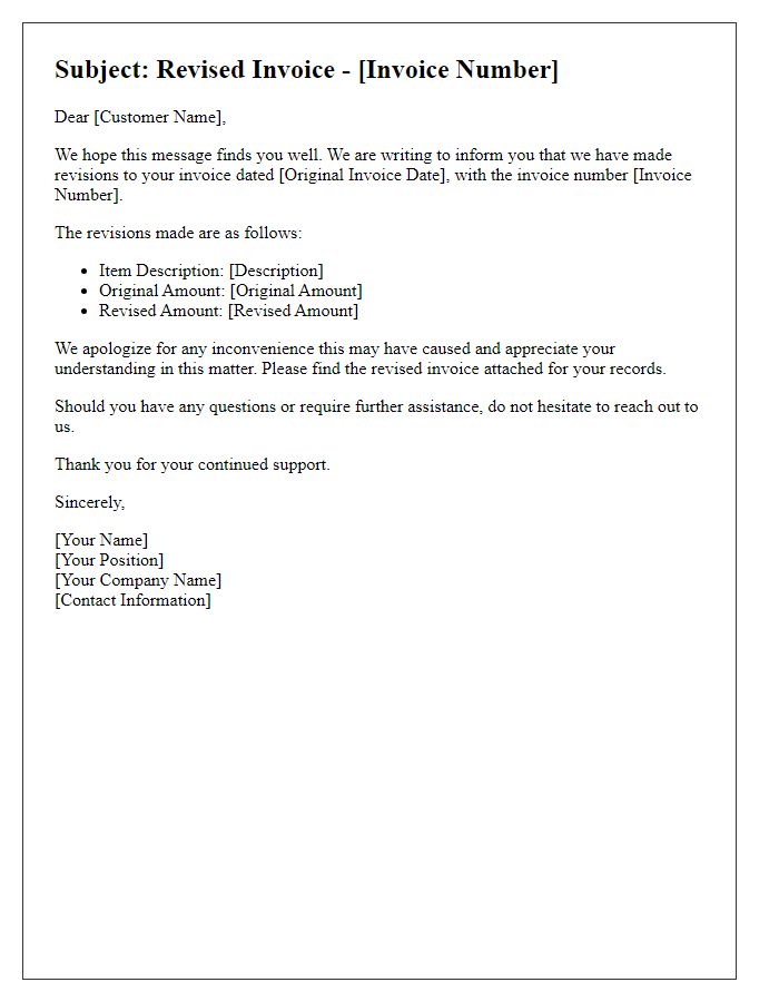 Letter template of revised invoice communication for customers.