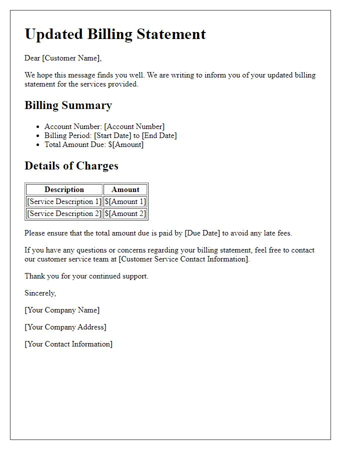 Letter template of updated billing statement for service users.