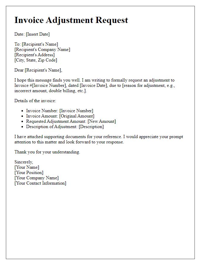 Letter template of Invoice Adjustment Request