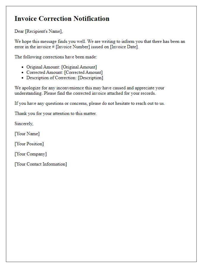Letter template of Invoice Correction Notification
