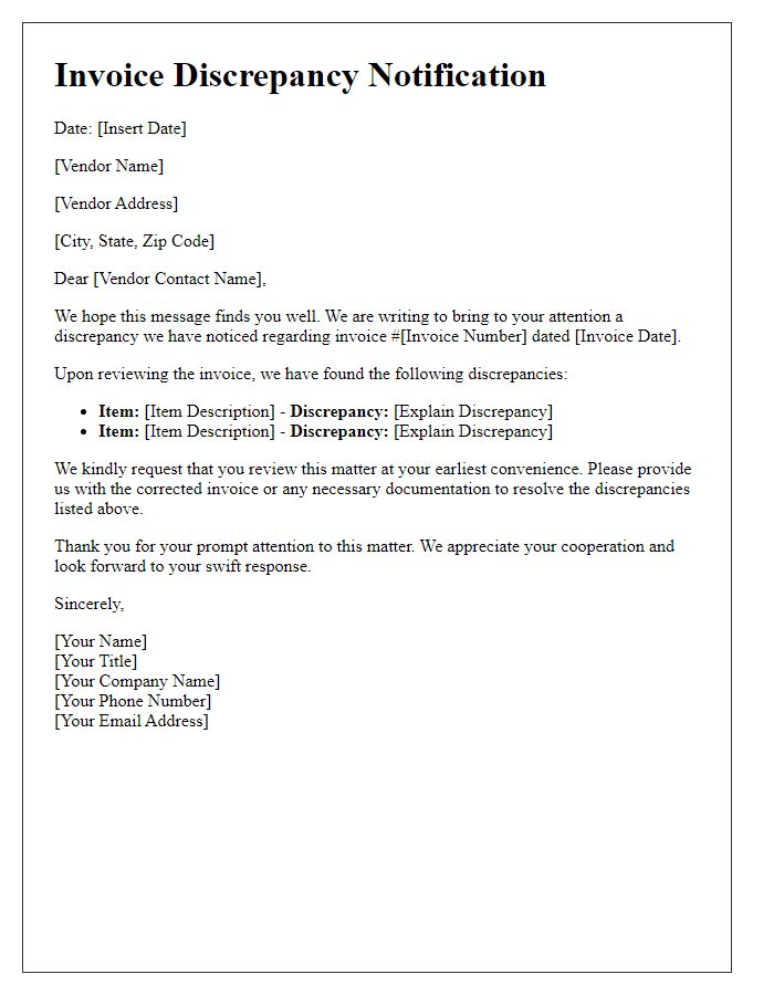 Letter template of Invoice Discrepancy Notification to Vendor