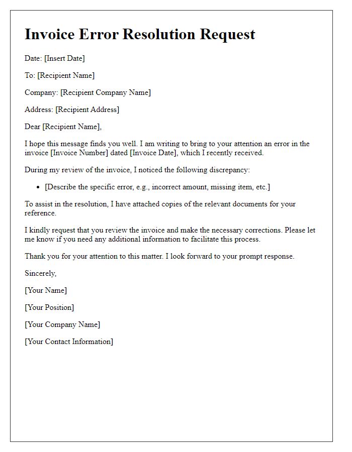 Letter template of Invoice Error Resolution Request