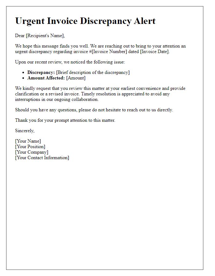 Letter template of Urgent Invoice Discrepancy Alert