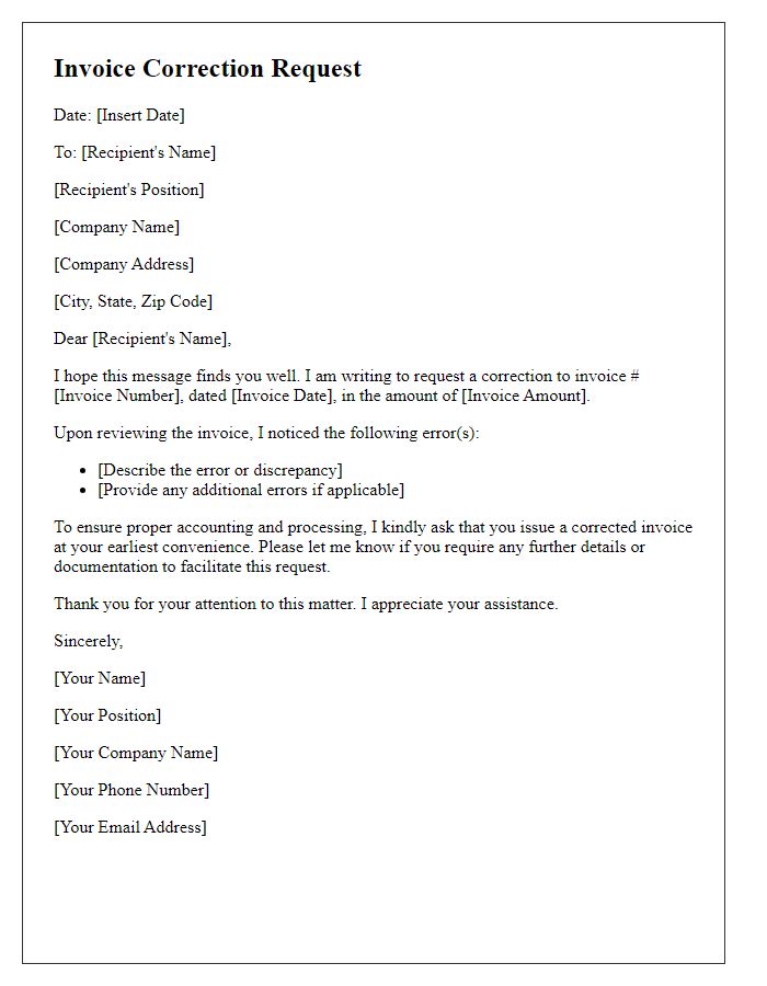 Letter template of correspondence for invoice correction request.