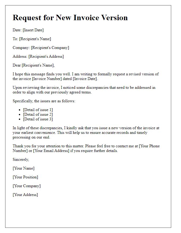 Letter template of demand for a new invoice version.