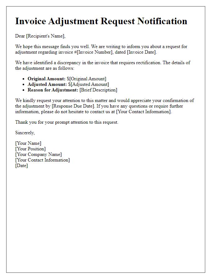 Letter template of notification for an invoice adjustment request.