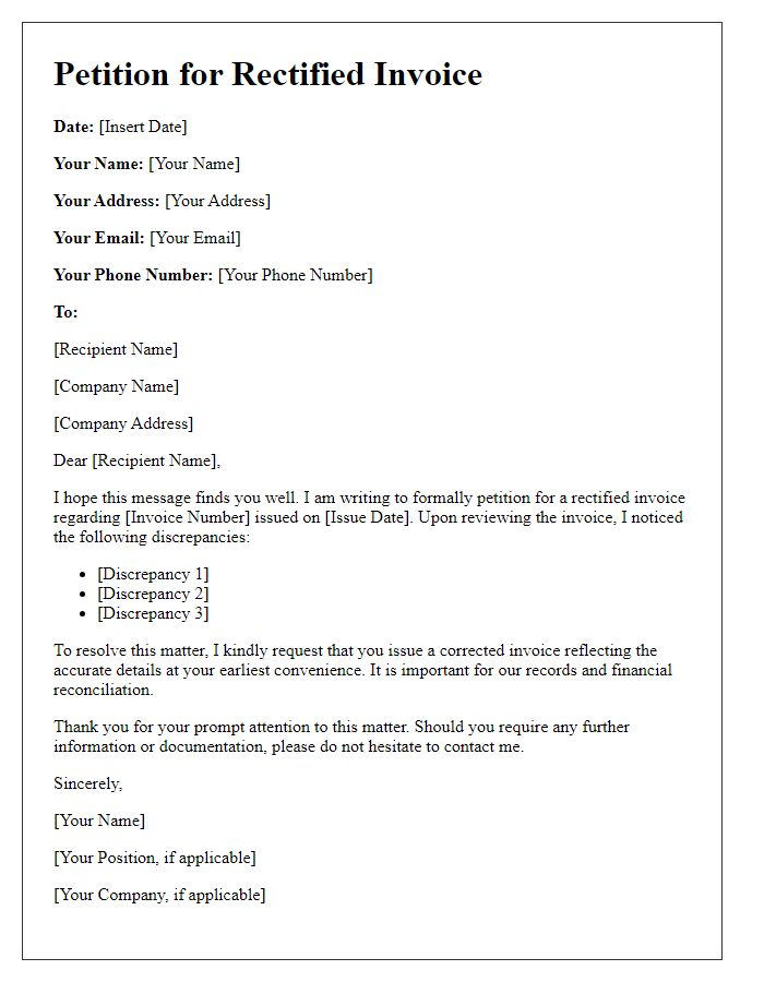 Letter template of petition for a rectified invoice.