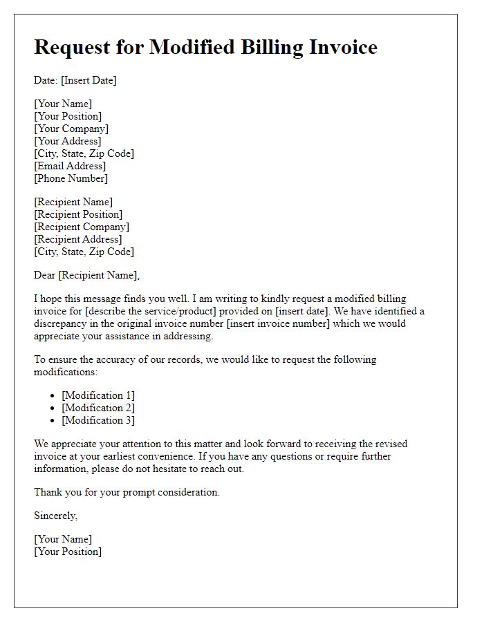 Letter template of solicitation for a modified billing invoice.