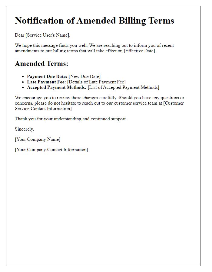 Letter template of amended billing terms for service users.