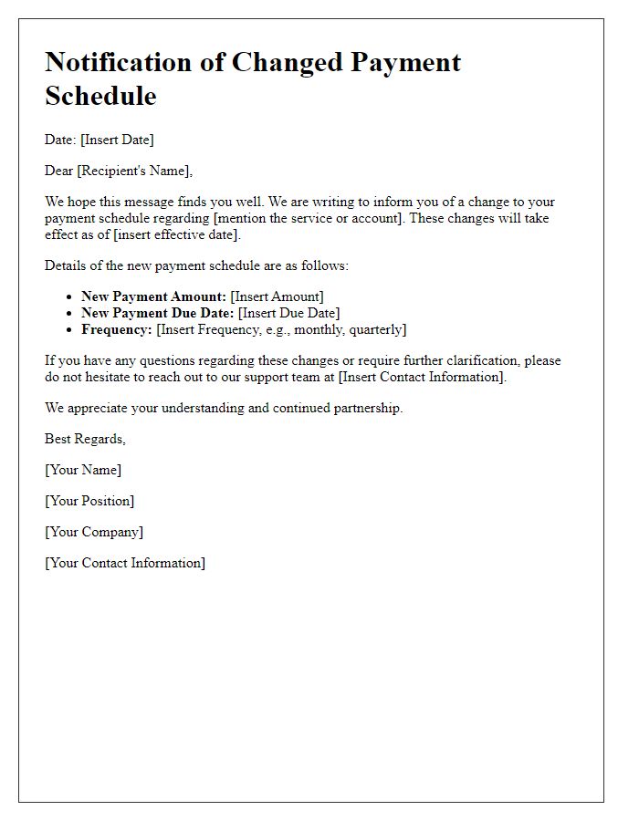 Letter template of changed payment schedule notification.