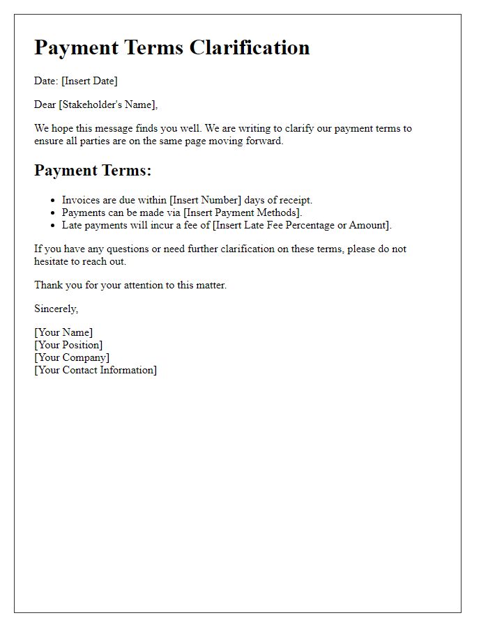 Letter template of payment terms clarification for stakeholders.