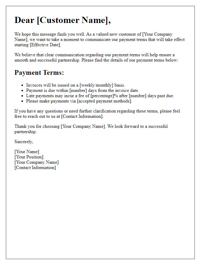 Letter template of payment terms transition for new customers.