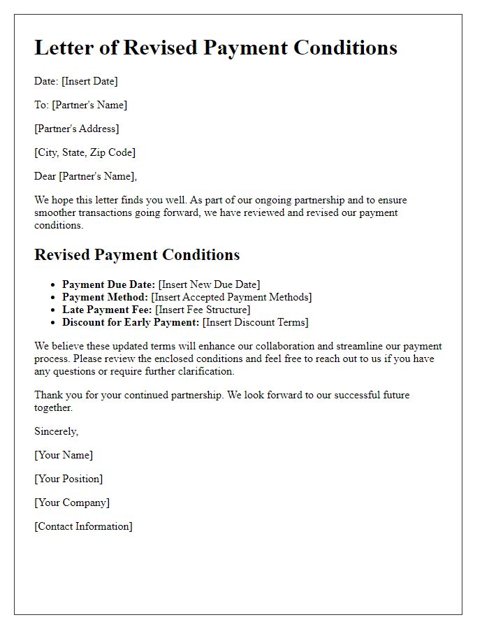 Letter template of revised payment conditions for partners.