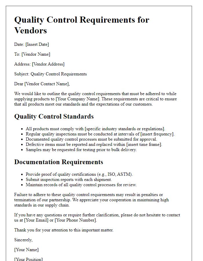 Letter template of quality control requirements for vendors