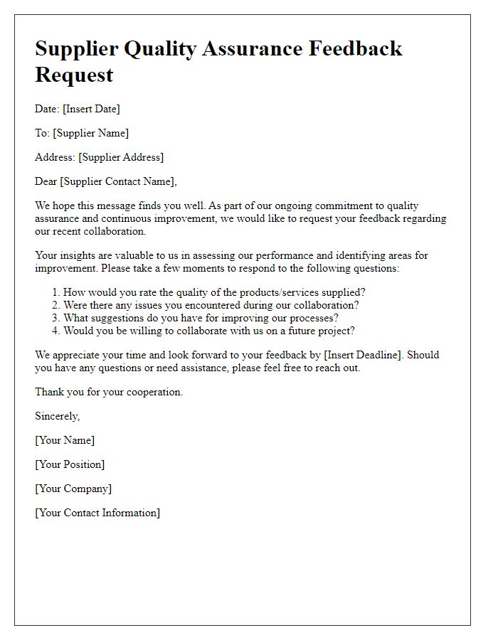 Letter template of supplier quality assurance feedback request