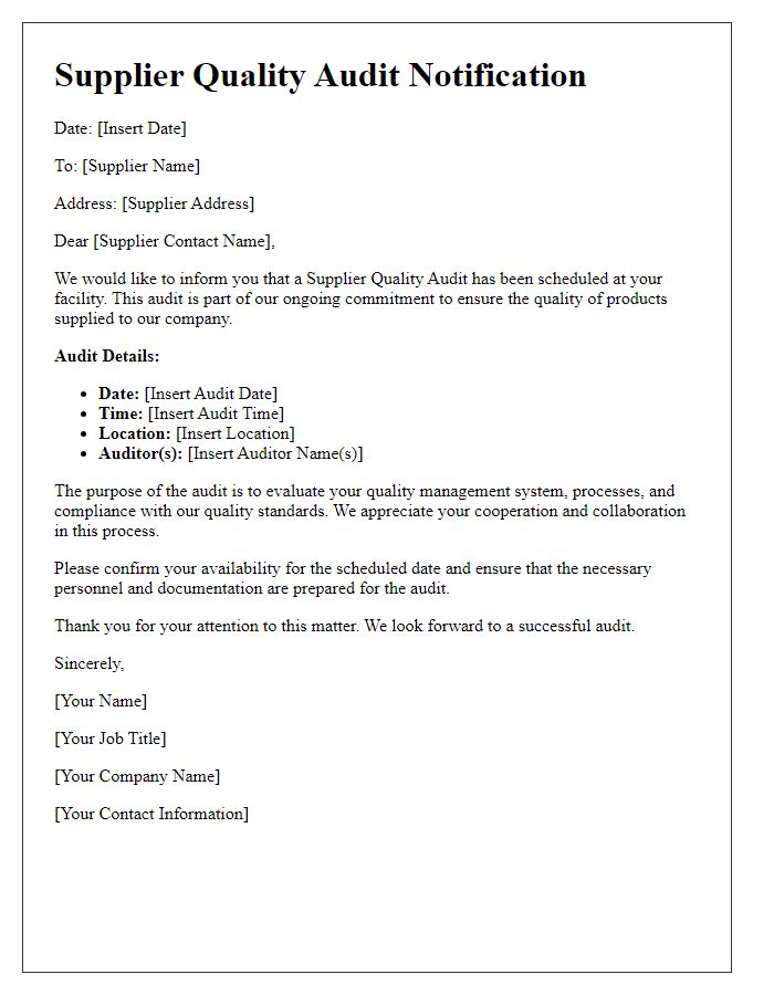 Letter template of supplier quality audit notification