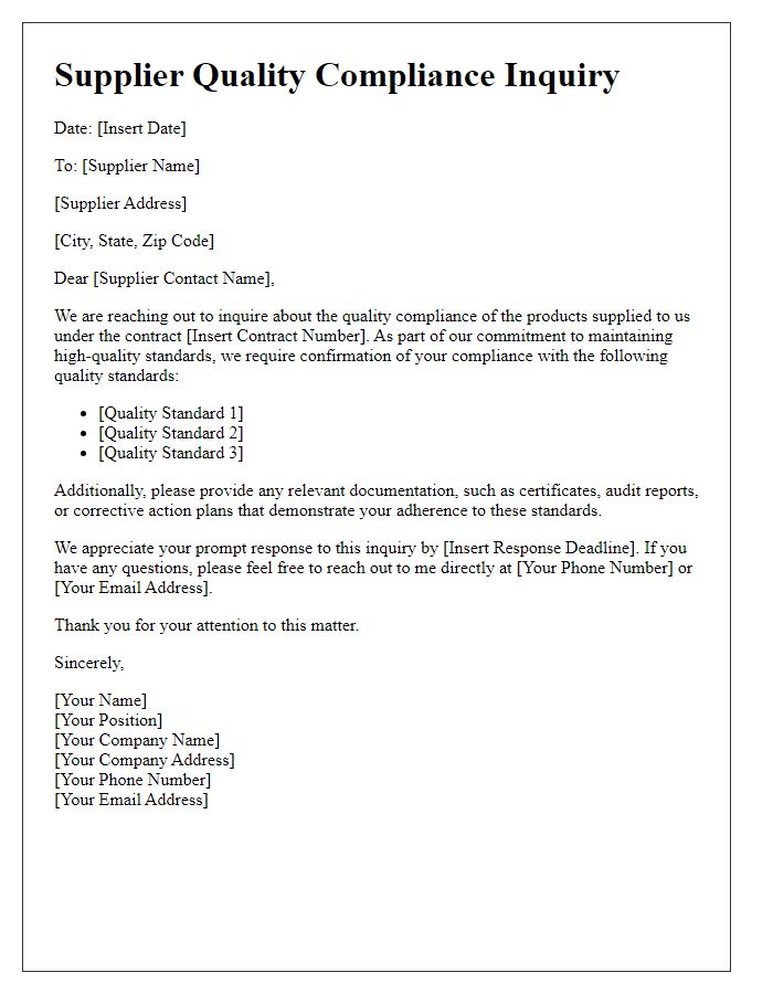 Letter template of supplier quality compliance inquiry