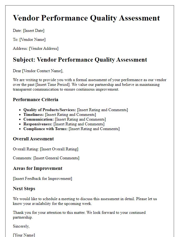 Letter template of vendor performance quality assessment