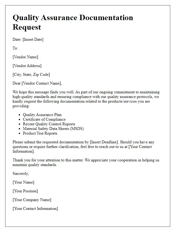 Letter template of vendor quality assurance documentation request