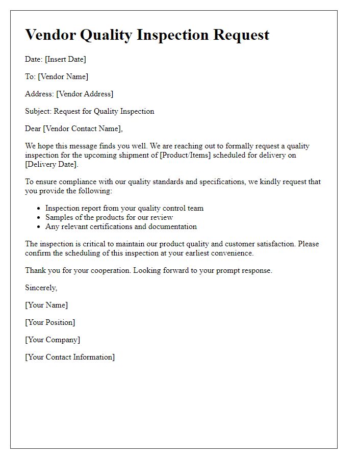 Letter template of vendor quality inspection request