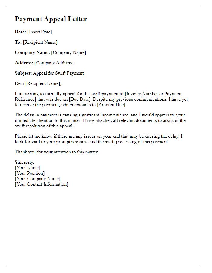 Letter template of swift payment appeal.