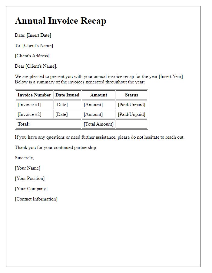 Letter template of annual invoice recap.