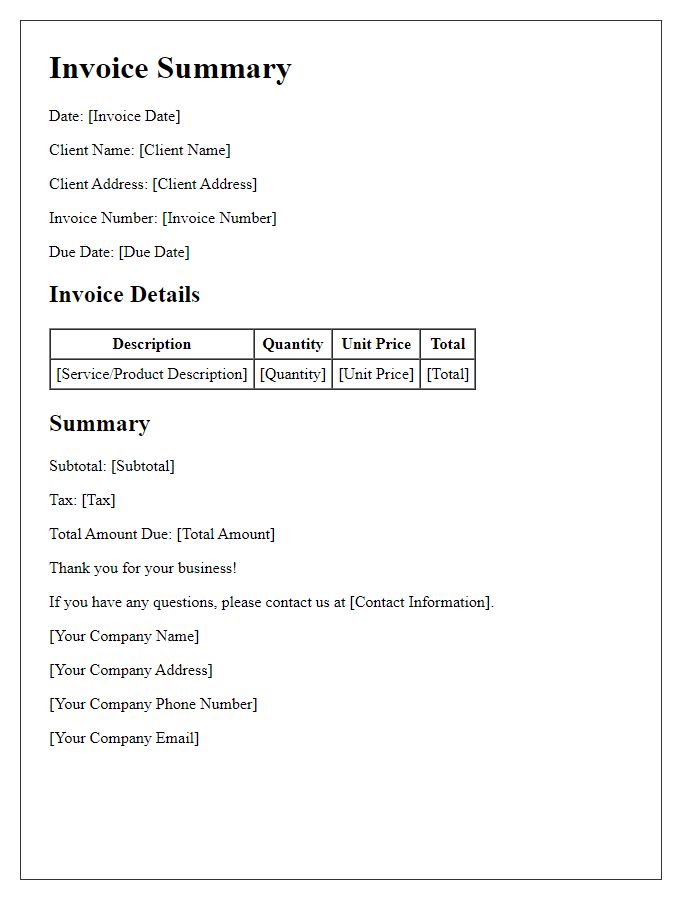 Letter template of client invoice summary.