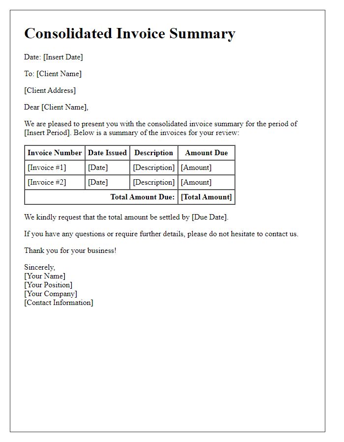 Letter template of consolidated invoice summary.