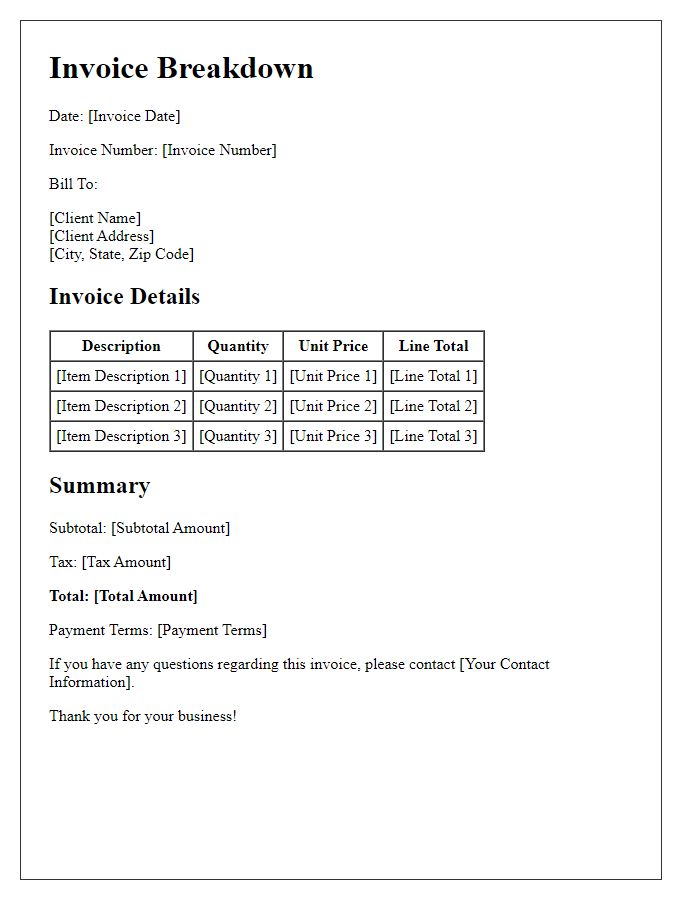 Letter template of detailed invoice breakdown.