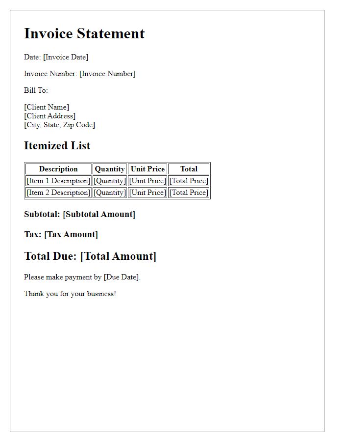 Letter template of itemized invoice statement.