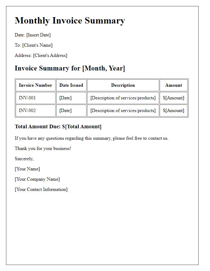 Letter template of monthly invoice summary.