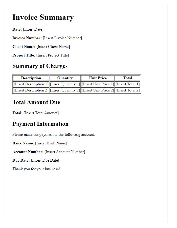 Letter template of project invoice summary.