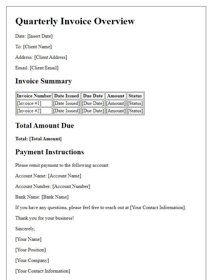 Letter template of quarterly invoice overview.