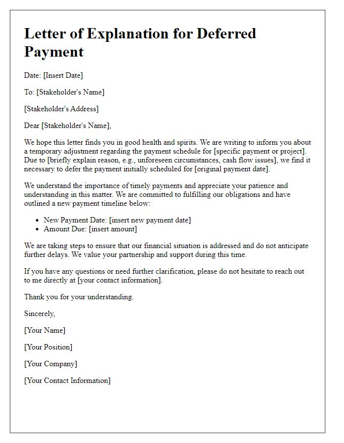 Letter template of explanation for deferred payment to stakeholders.