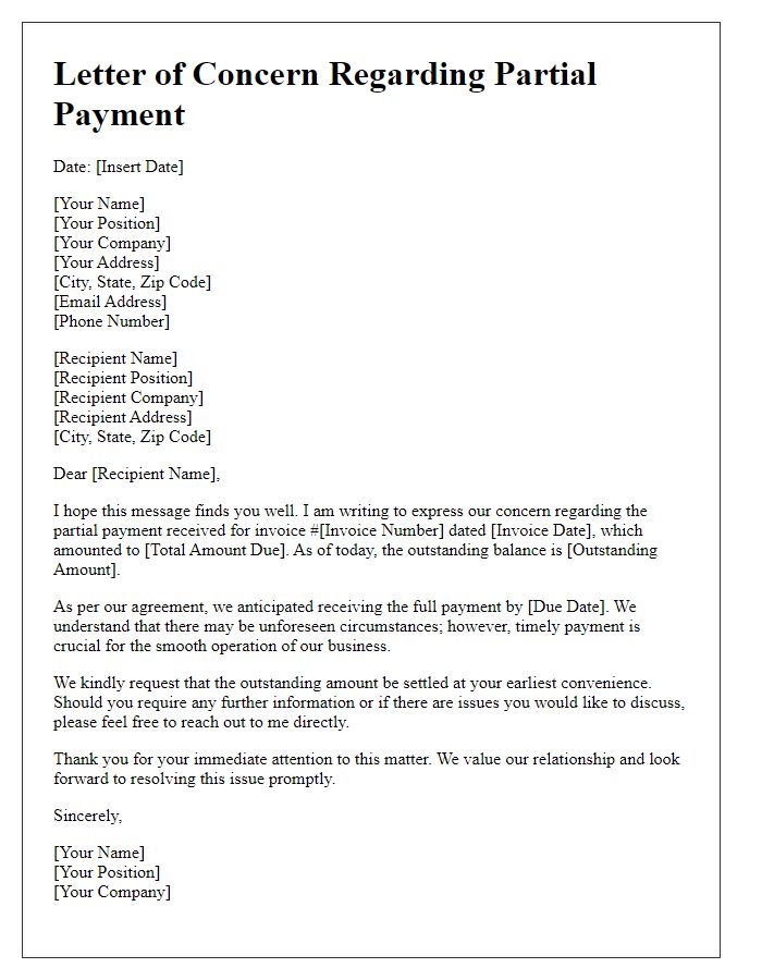 Letter template of concern regarding partial payment received.