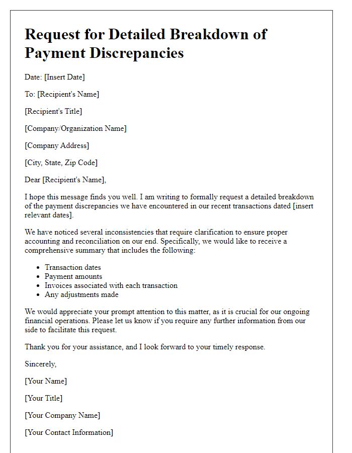 Letter template of request for detailed breakdown of payment discrepancies.