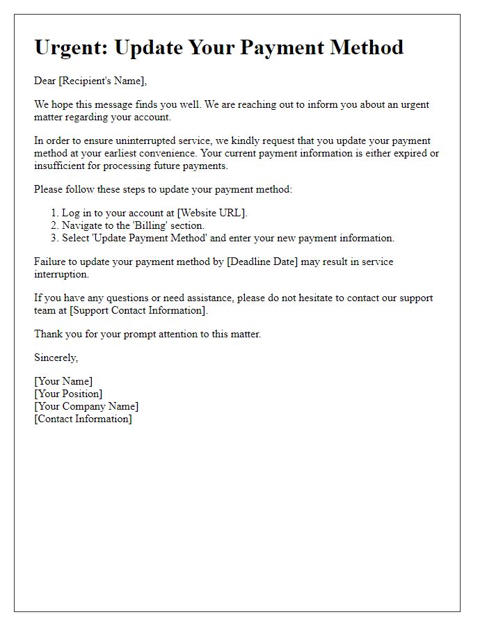 Letter template of urgency for updating payment method.