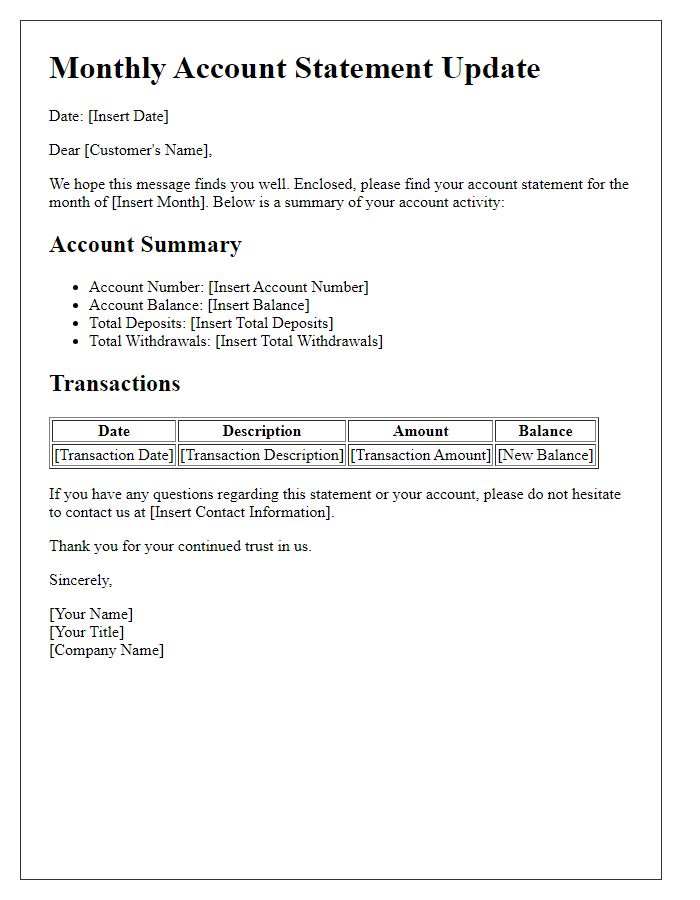 Letter template of monthly account statement update.