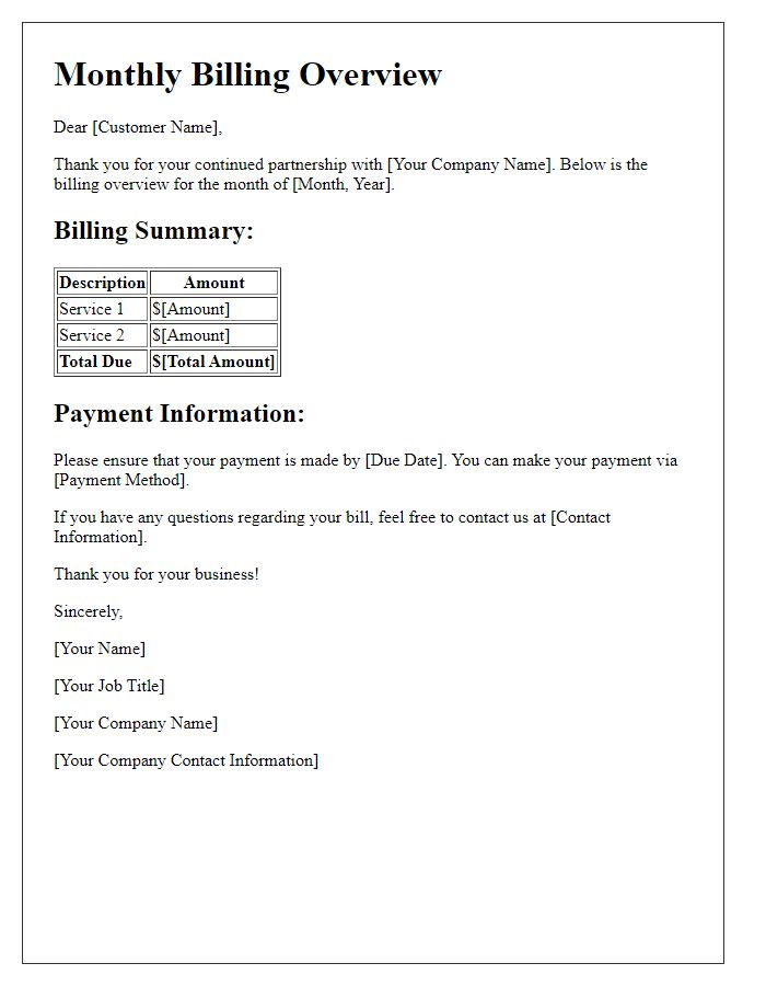 Letter template of monthly billing overview dispatch.