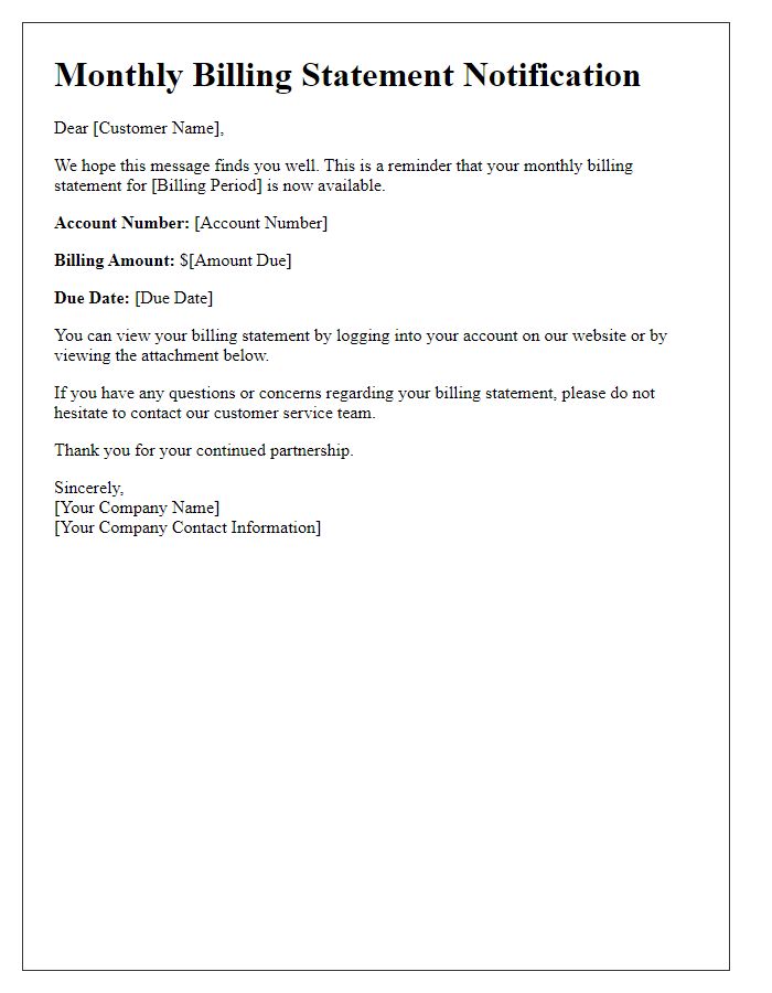 Letter template of monthly billing statement notification.