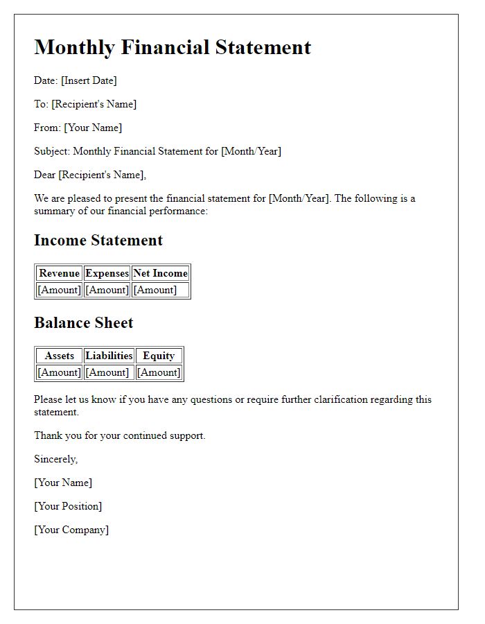 Letter template of monthly financial statement communication.