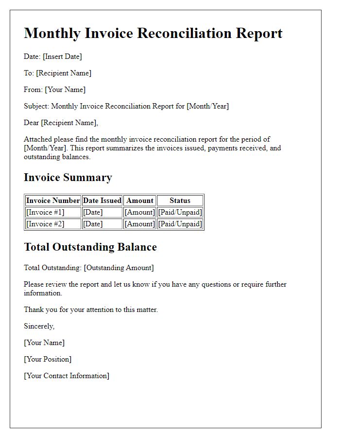 Letter template of monthly invoice reconciliation report.